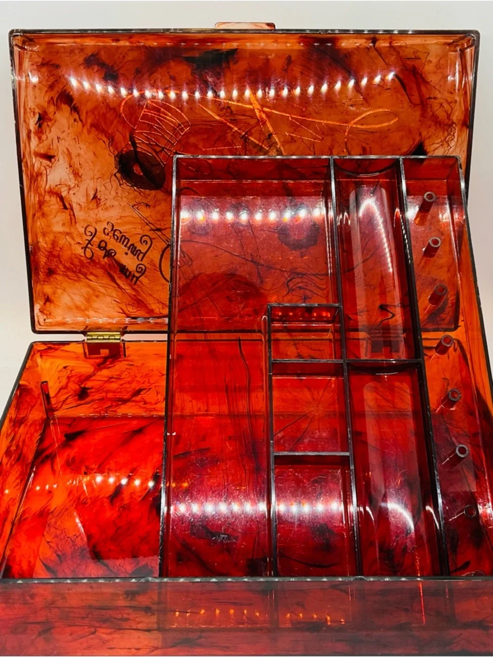 Vintage 1960s Lucite Amber ‘For My Sewing’ Box & Tray Gold Embossed Design.
